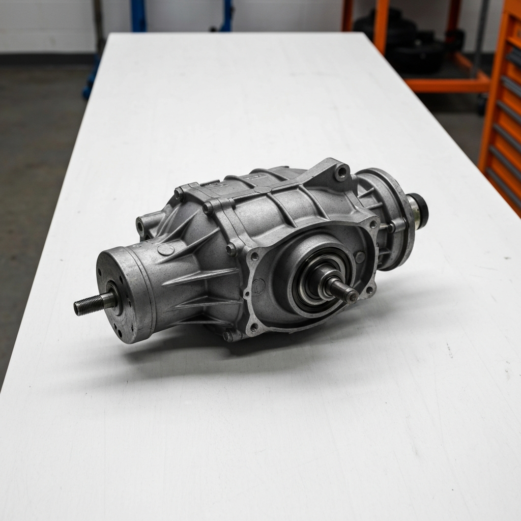 A hydrostatic transaxle removed from a mower and sitting on a clean wooden workbench