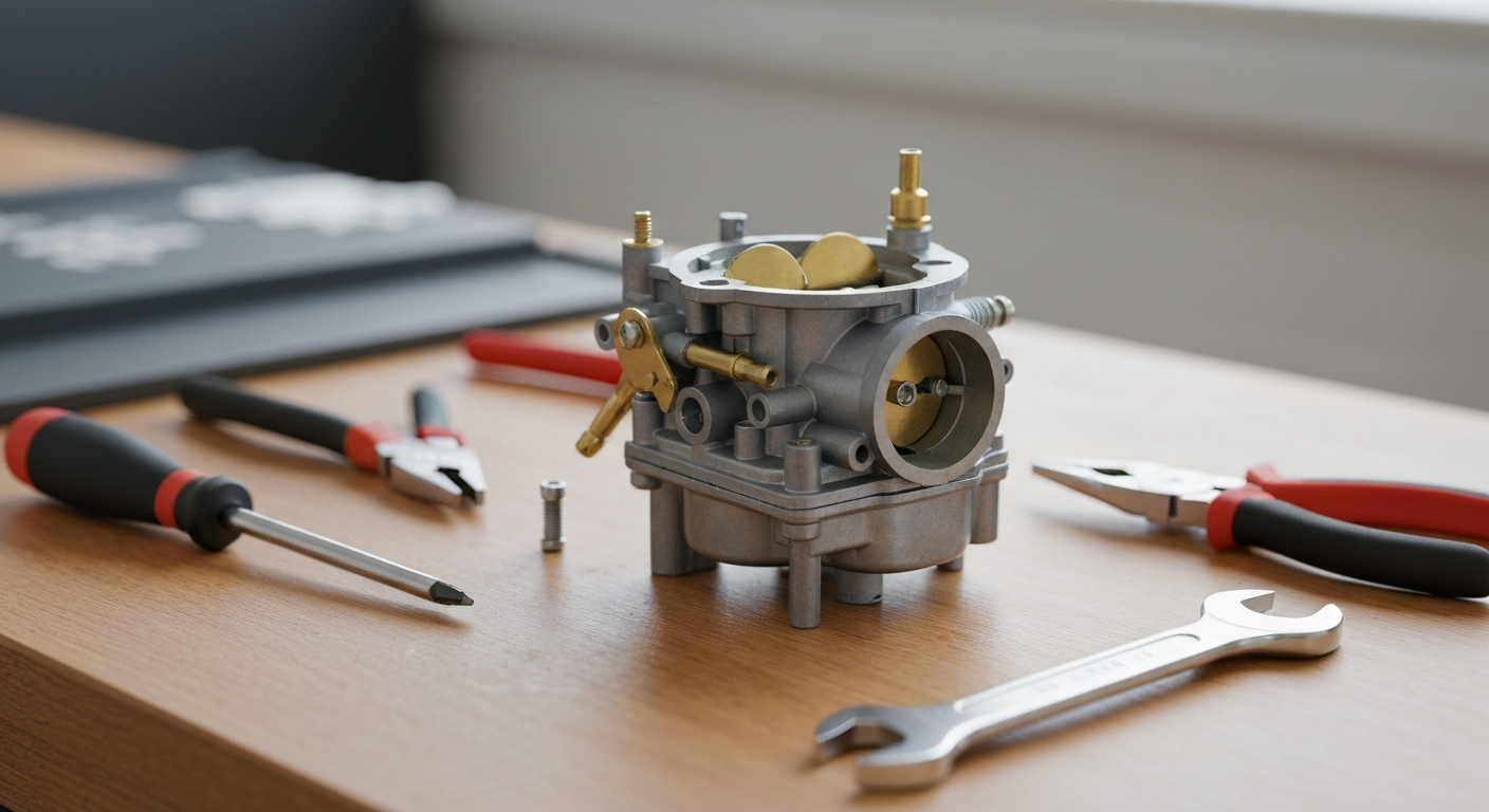 A tiller carburetor being cleaned after winter storage