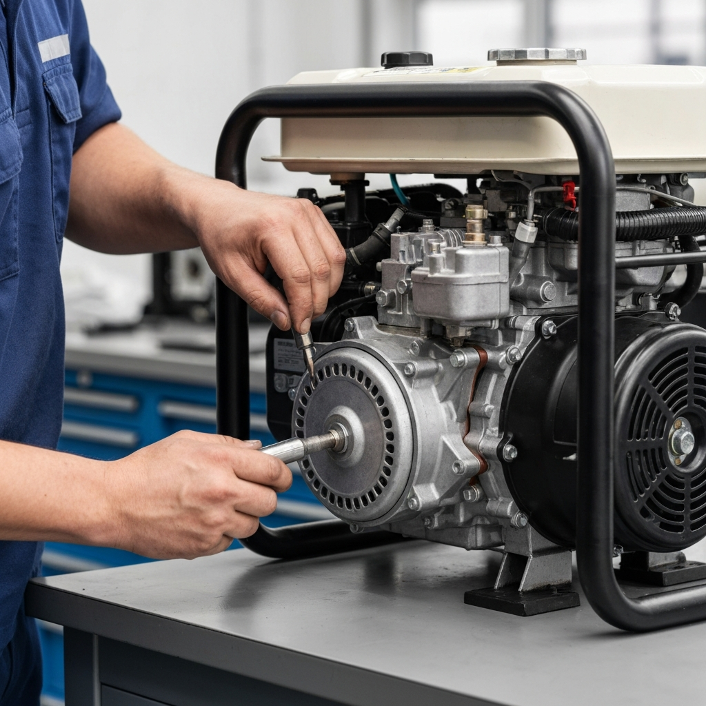 Technician servicing a portable generator engine