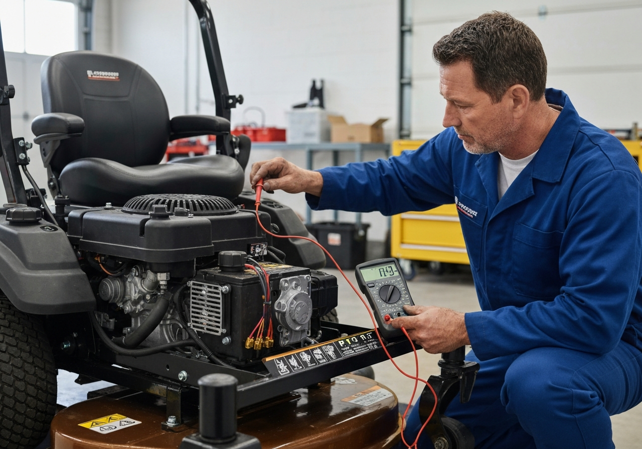 Mechanic testing battery and PTO clutch electrical connections on a zero-turn engine