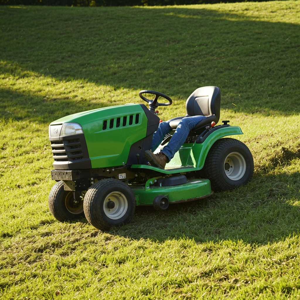 A riding mower climbing a grassy slope strongly after a successful repair, sunny day