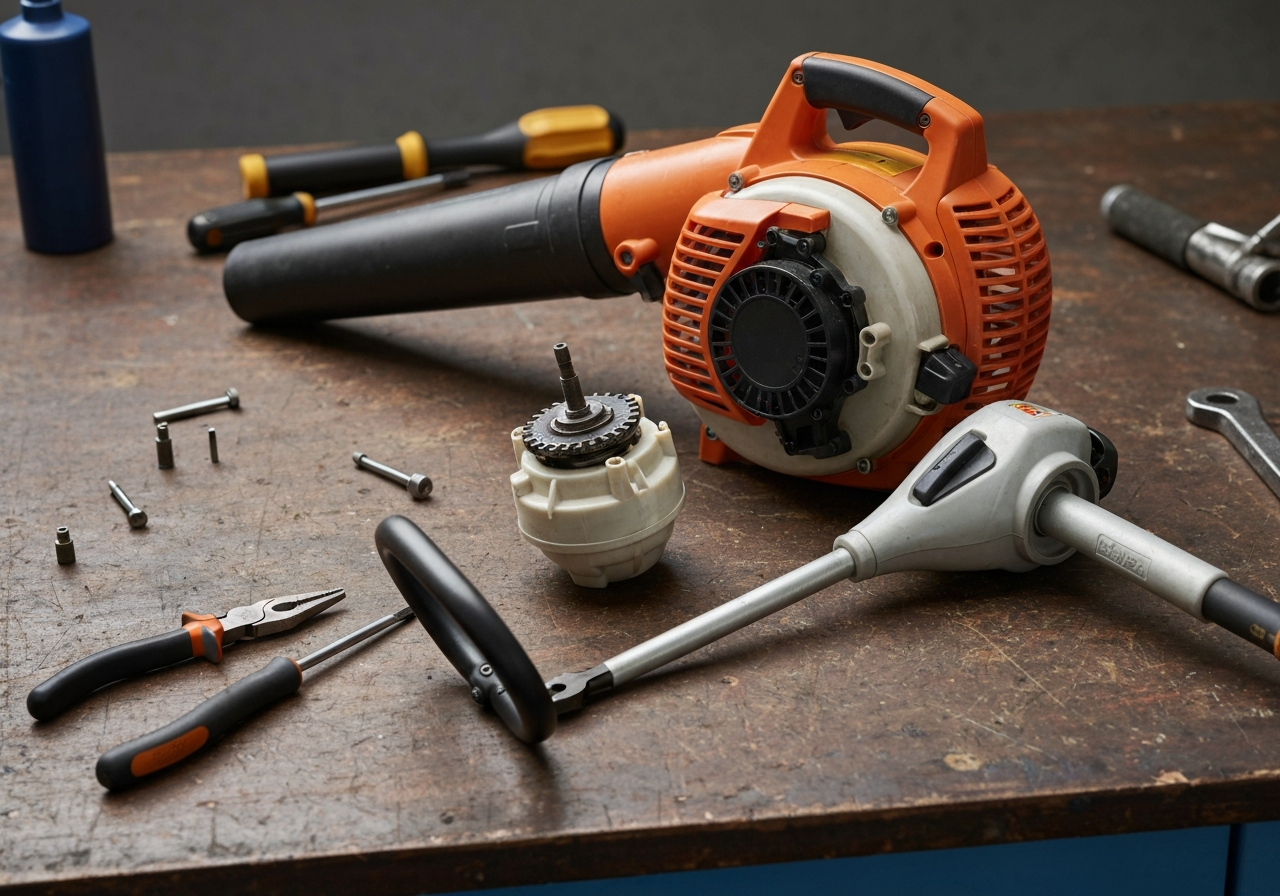Leaf blower and string trimmer disassembled for repair