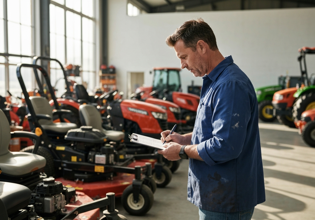 Technician writing commercial mower repair quote on clipboard