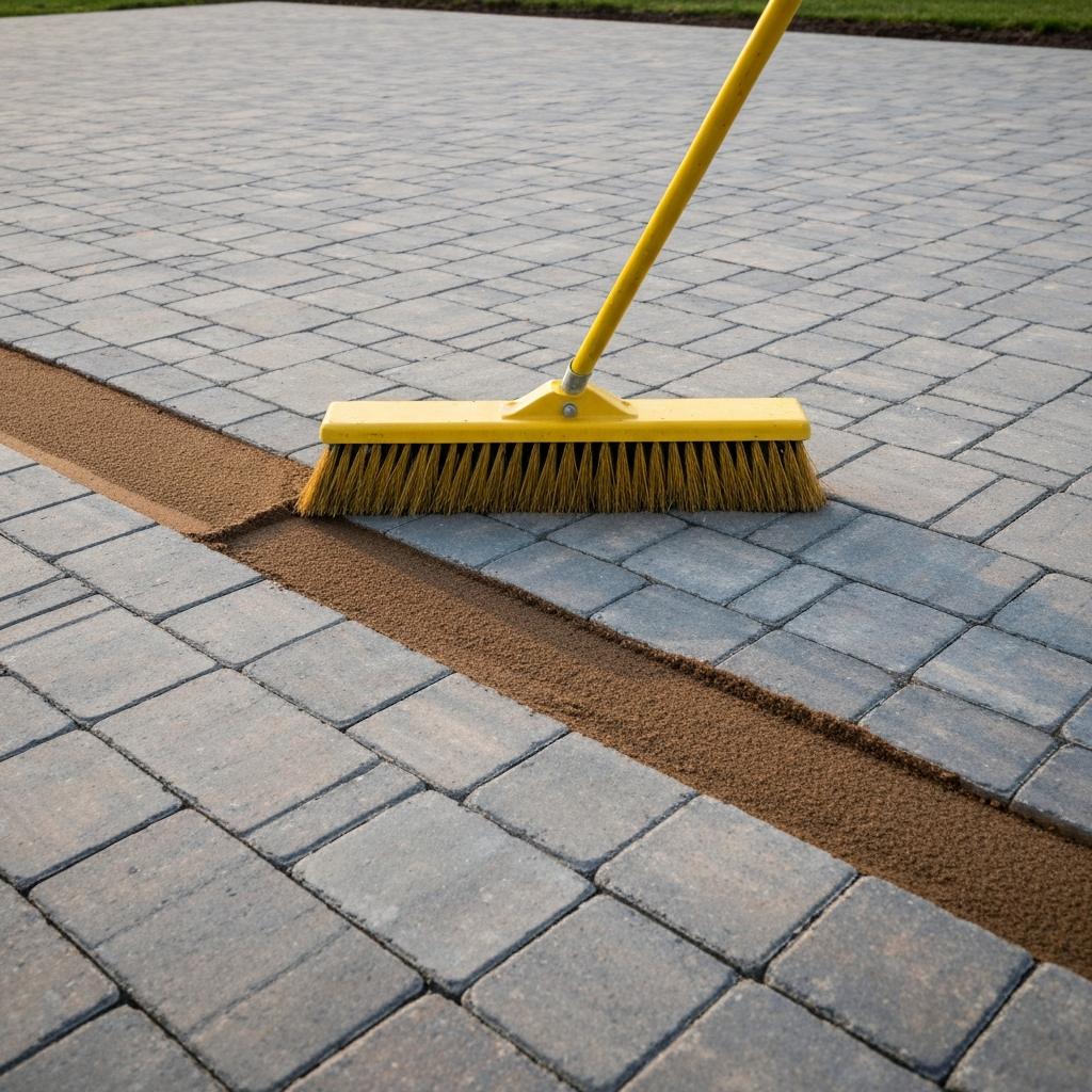 Polymeric sand being swept into the joints of a new paver patio