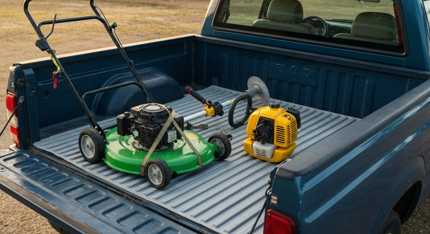Walk-behind push mower and string trimmer neatly loaded in a pickup truck bed