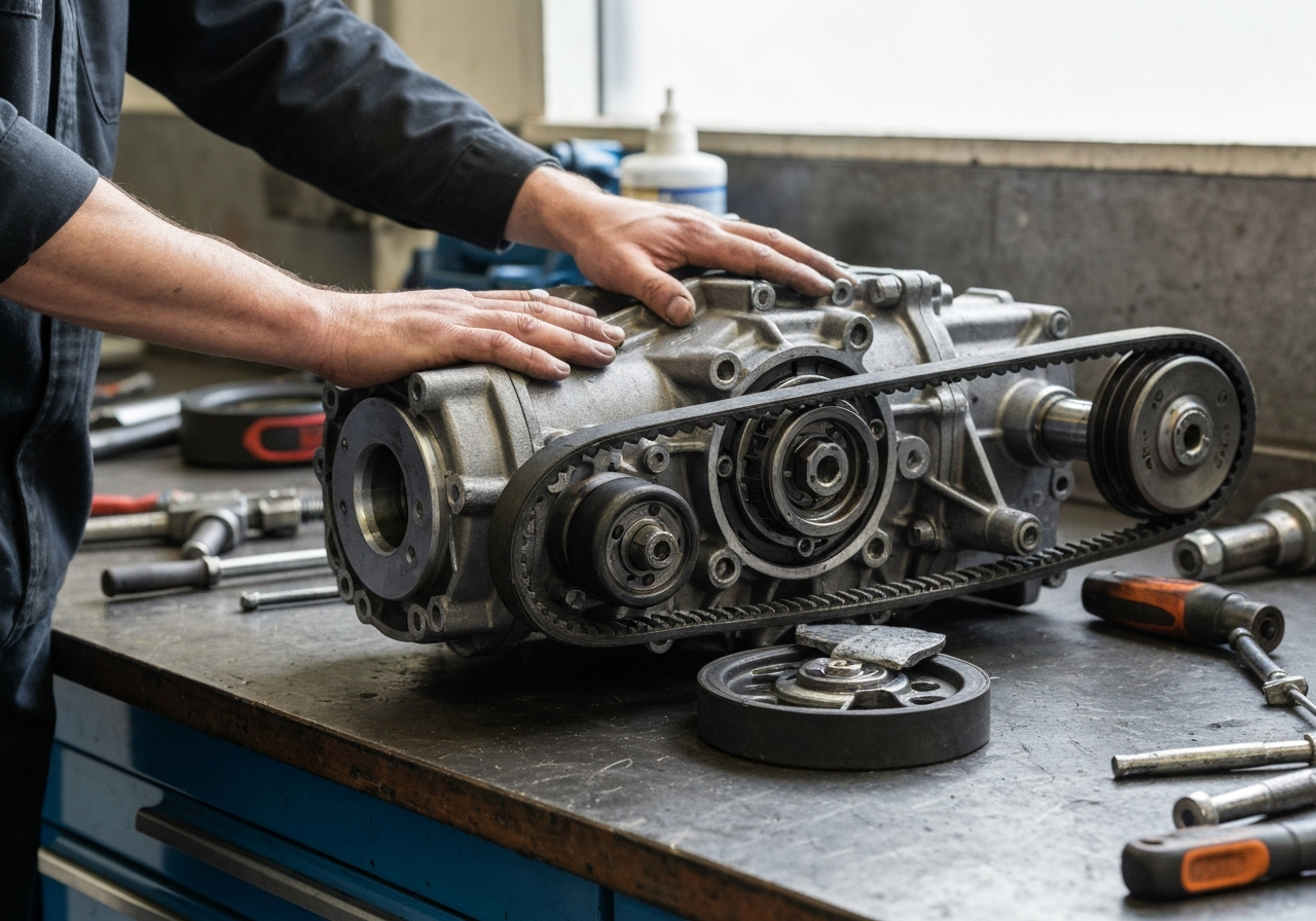 Hydrostatic drive transaxle and drive belt being inspected on a workbench