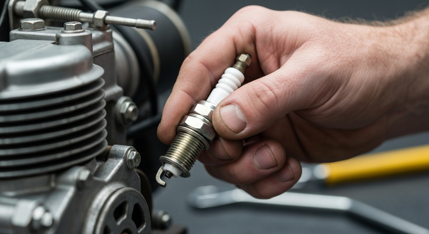 Close-up of a hand inspecting and replacing a spark plug on a small engine