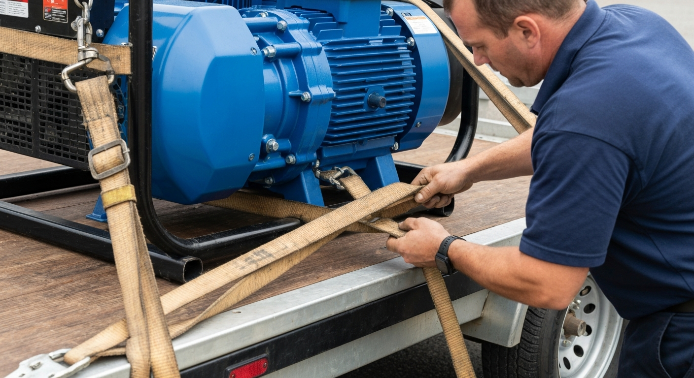 Technician securely strapping down outdoor power equipment on a utility trailer