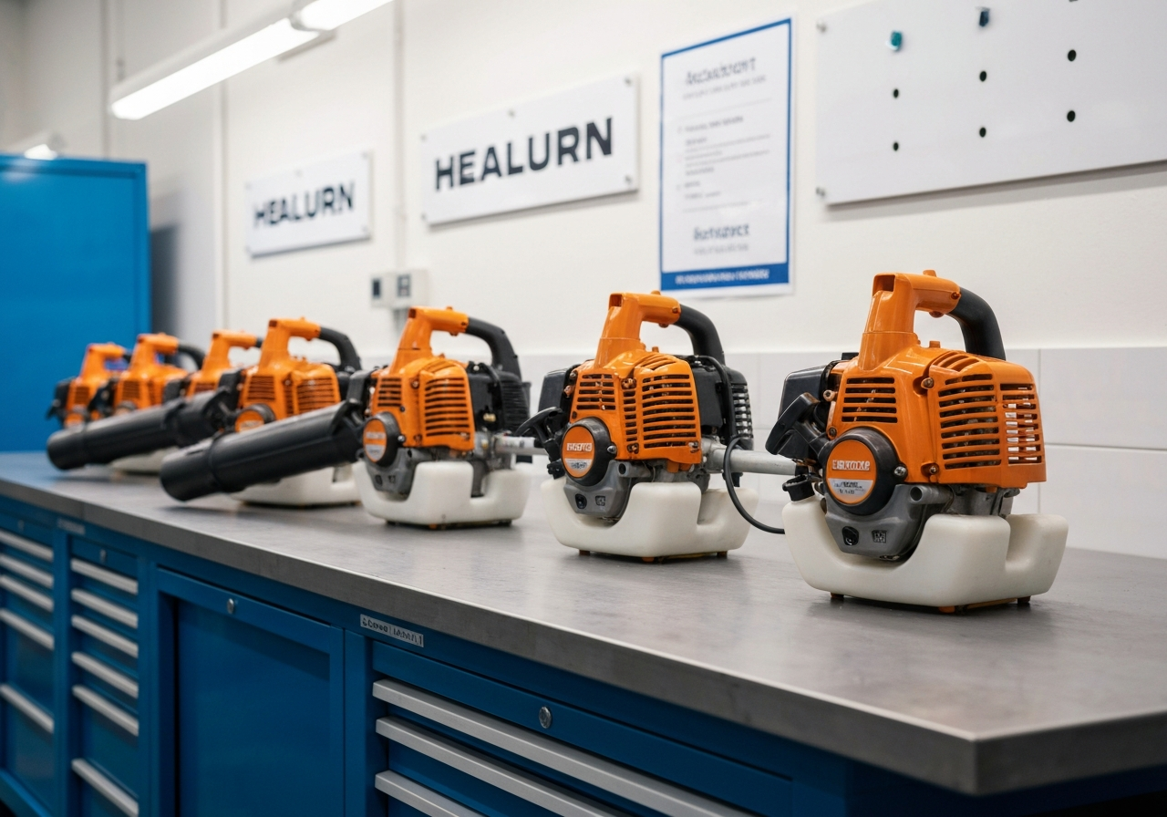 Commercial trimmers and blowers lined up on service bench