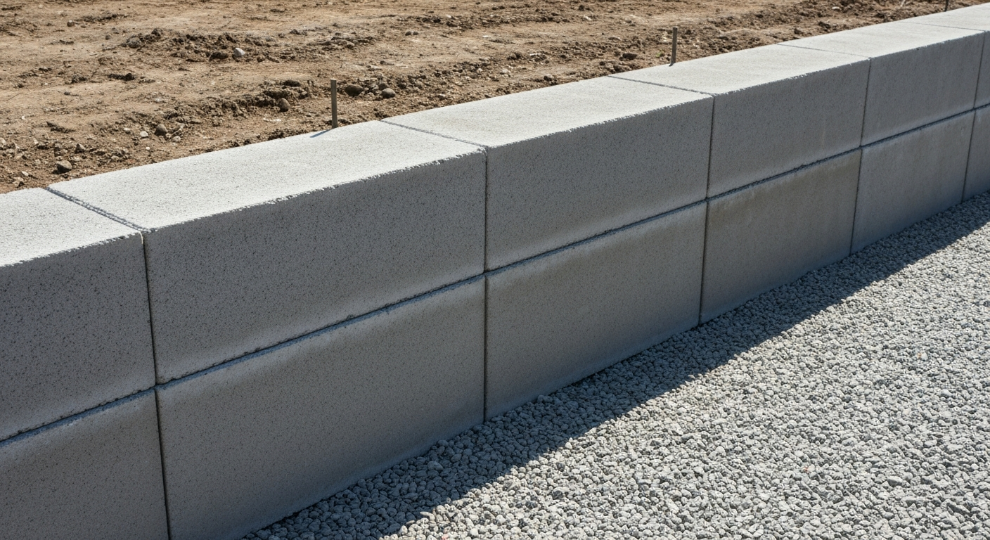 A level first course of retaining wall block being set on a compacted gravel base