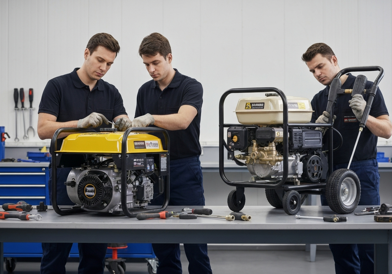 Generator and pressure washer being serviced in repair shop