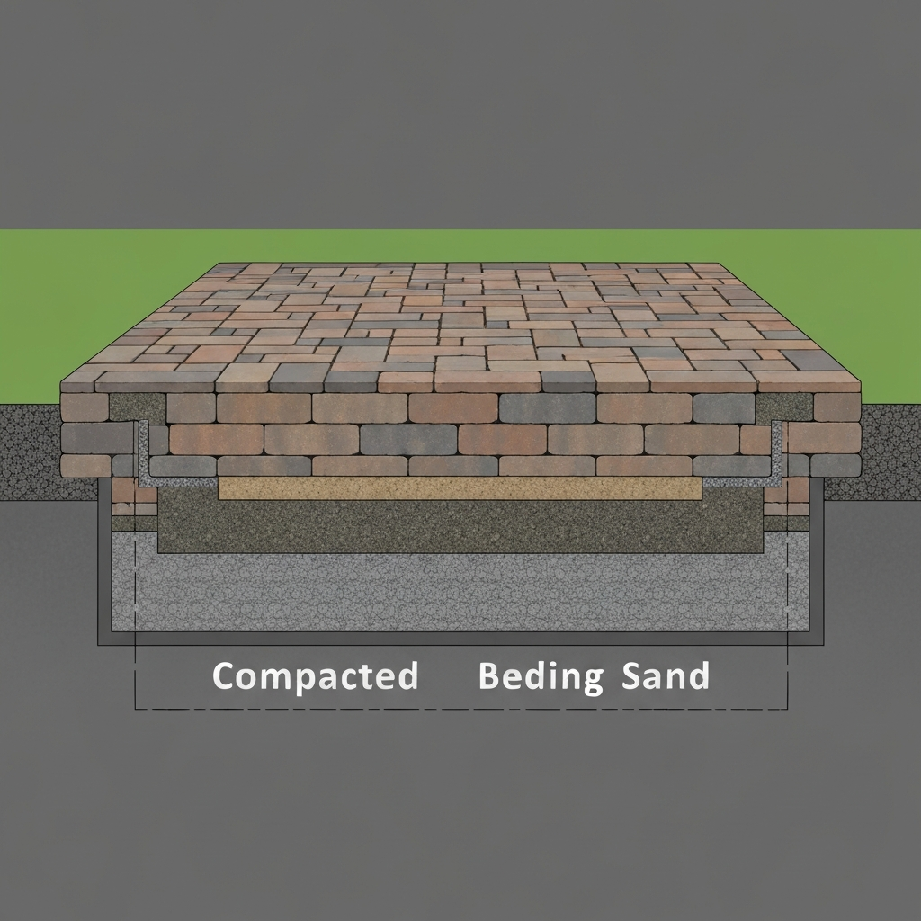 A cross-section illustration of a paver patio showing compacted gravel base, bedding sand, and pavers on top
