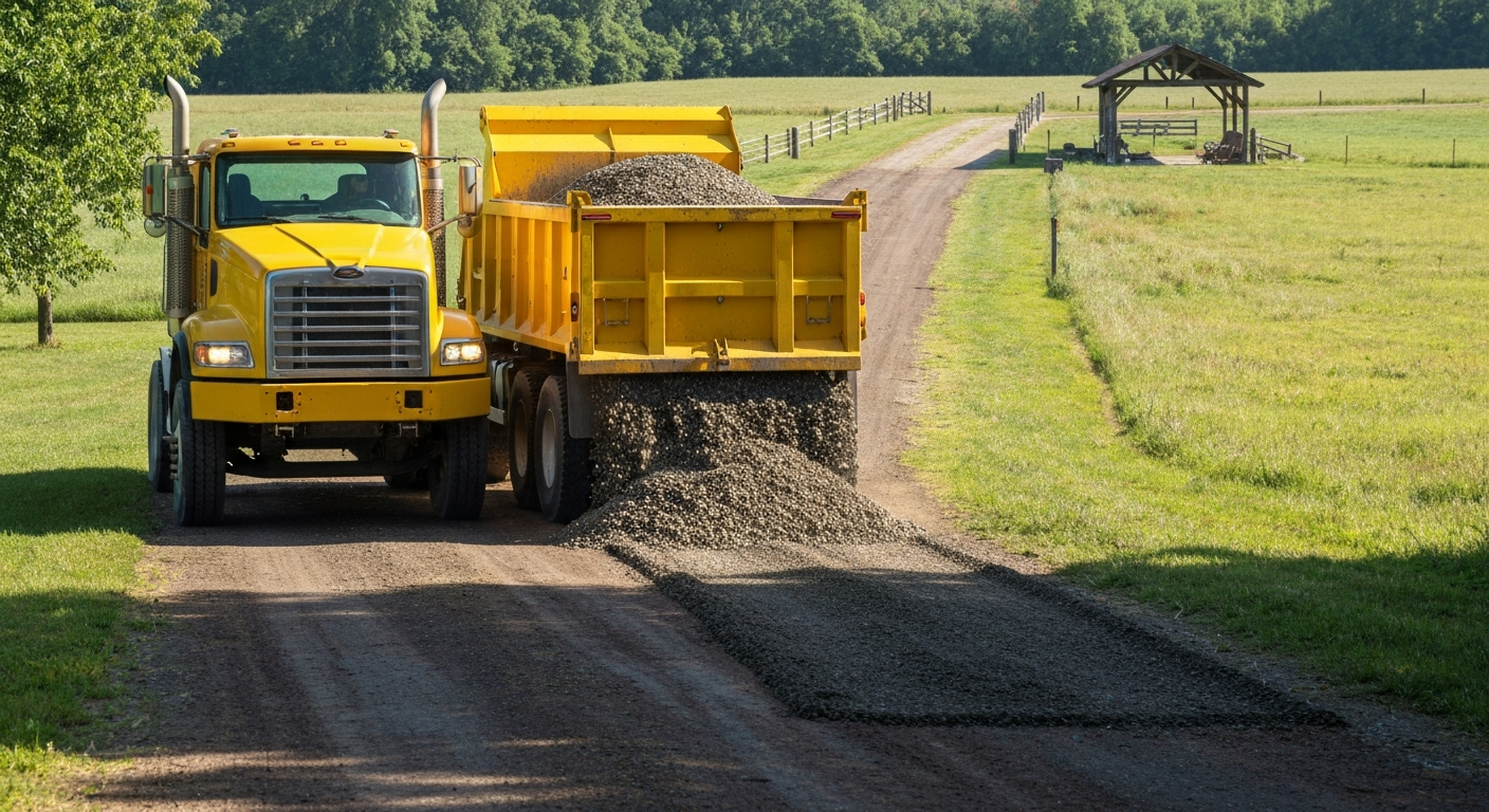 A dump truck delivering gravel to a rural driveway