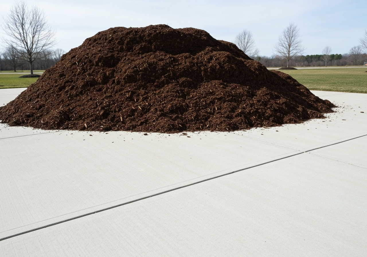 A large pile of dark brown bulk mulch delivered on a clean concrete driveway