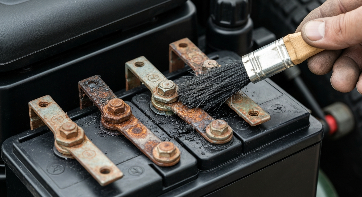 Riding lawn mower battery terminals being cleaned to remove corrosion