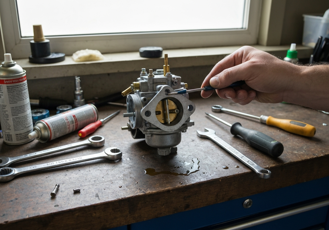 A snow blower carburetor being cleaned on a workbench