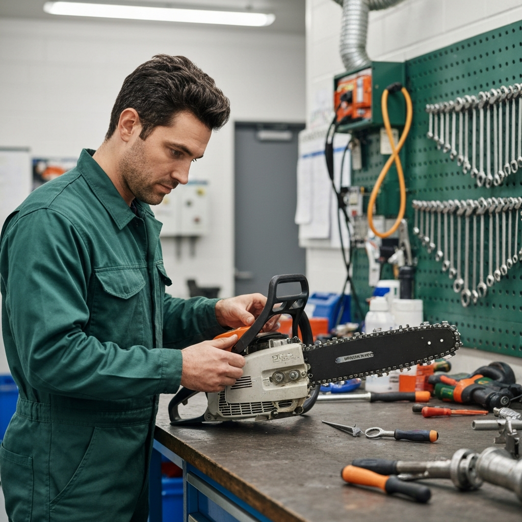 Technician inspecting chainsaw