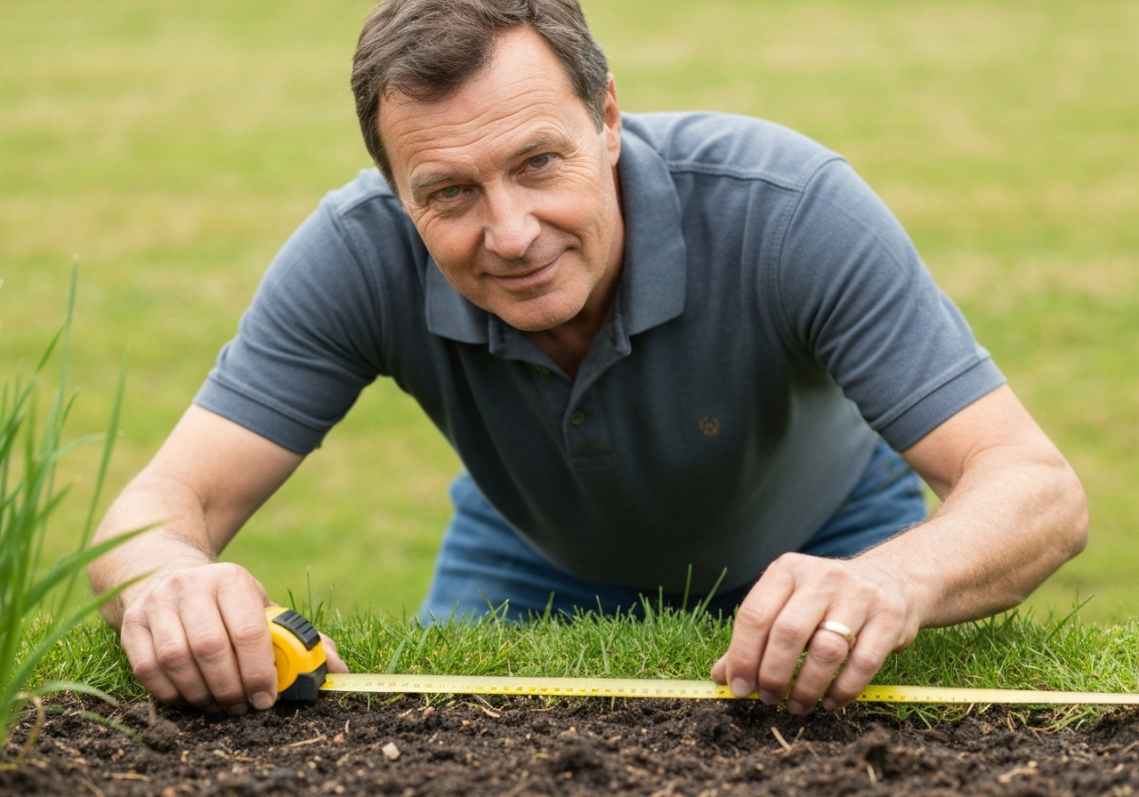 A homeowner measuring a landscape bed with a tape measure