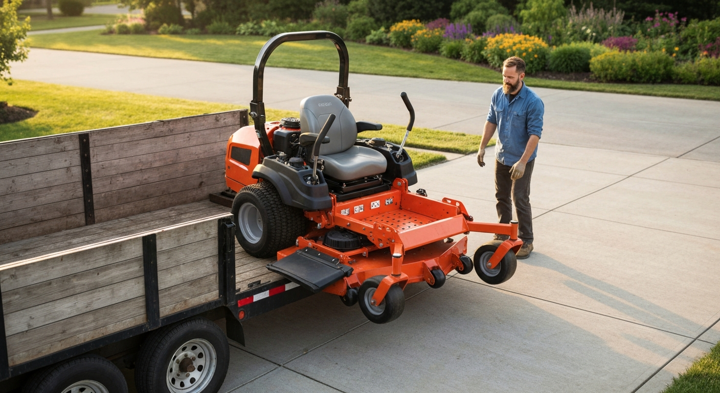 Zero-turn mower being unloaded from a trailer onto a clean suburban driveway