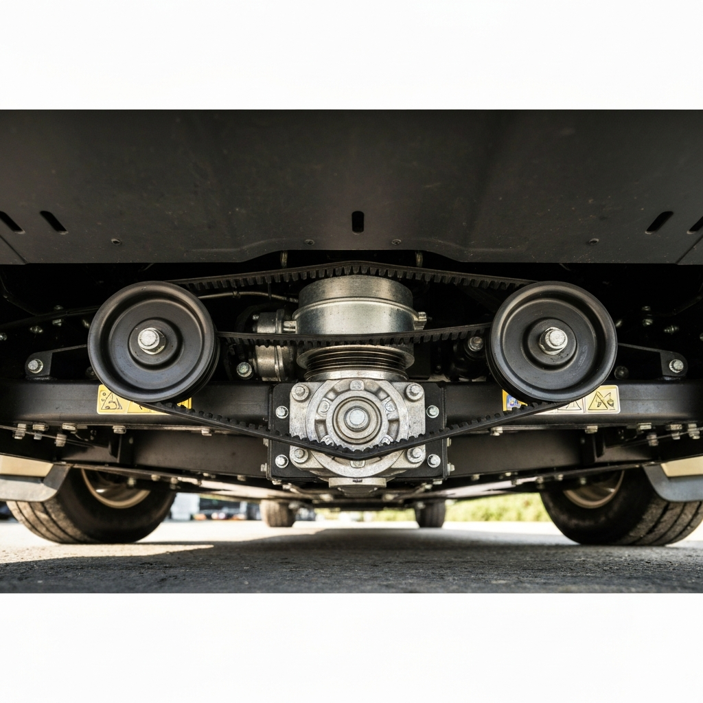 The drive belts and pulleys of a hydrostatic mower drive system being inspected underneath the deck