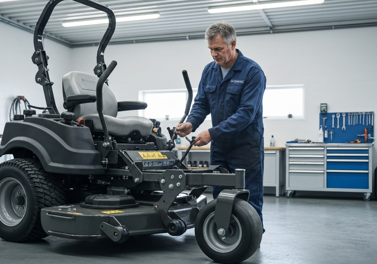 Technician checking lap-bar control linkage on a zero-turn mower