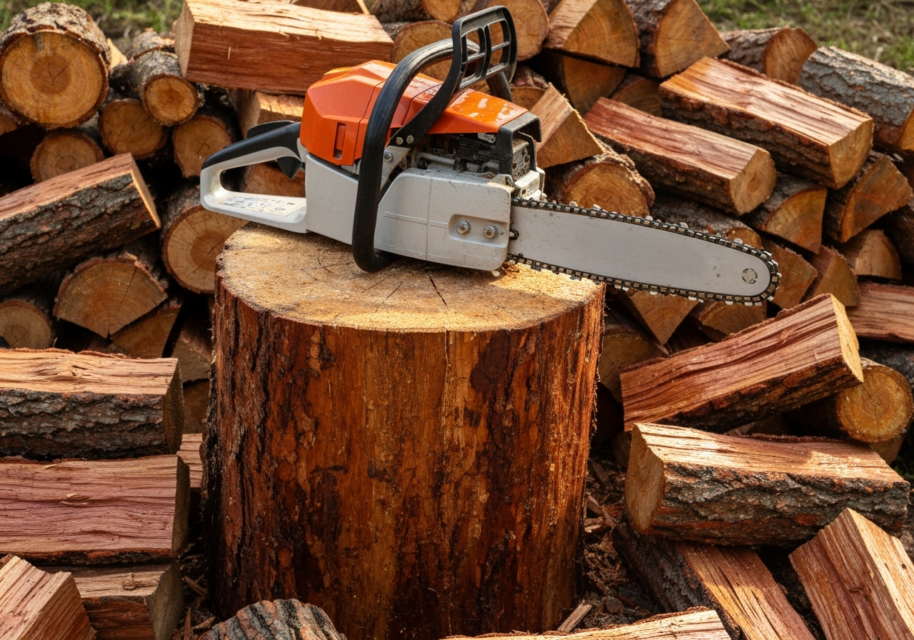 Freshly cut firewood with a chainsaw resting on a tree stump