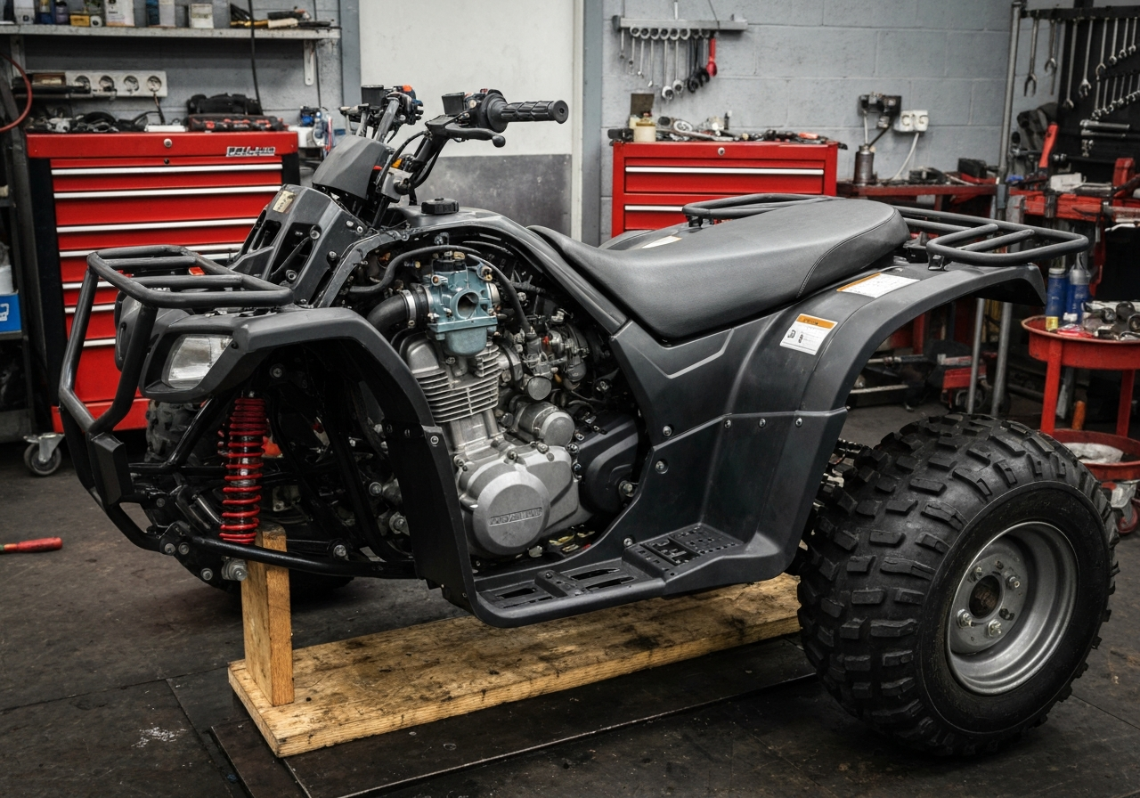 ATV with side panel and seat removed exposing the engine