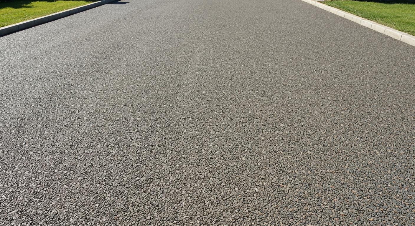 A driveway showing compacted base and a finished top layer of gravel