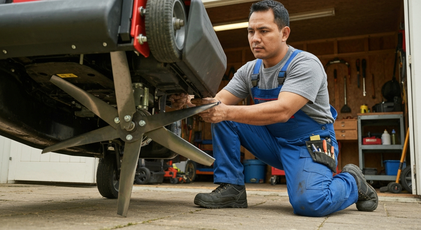 Technician removing a blade from under a mower deck
