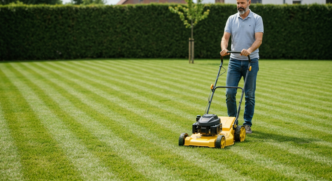 Homeowner mowing a tidy small yard with a push mower