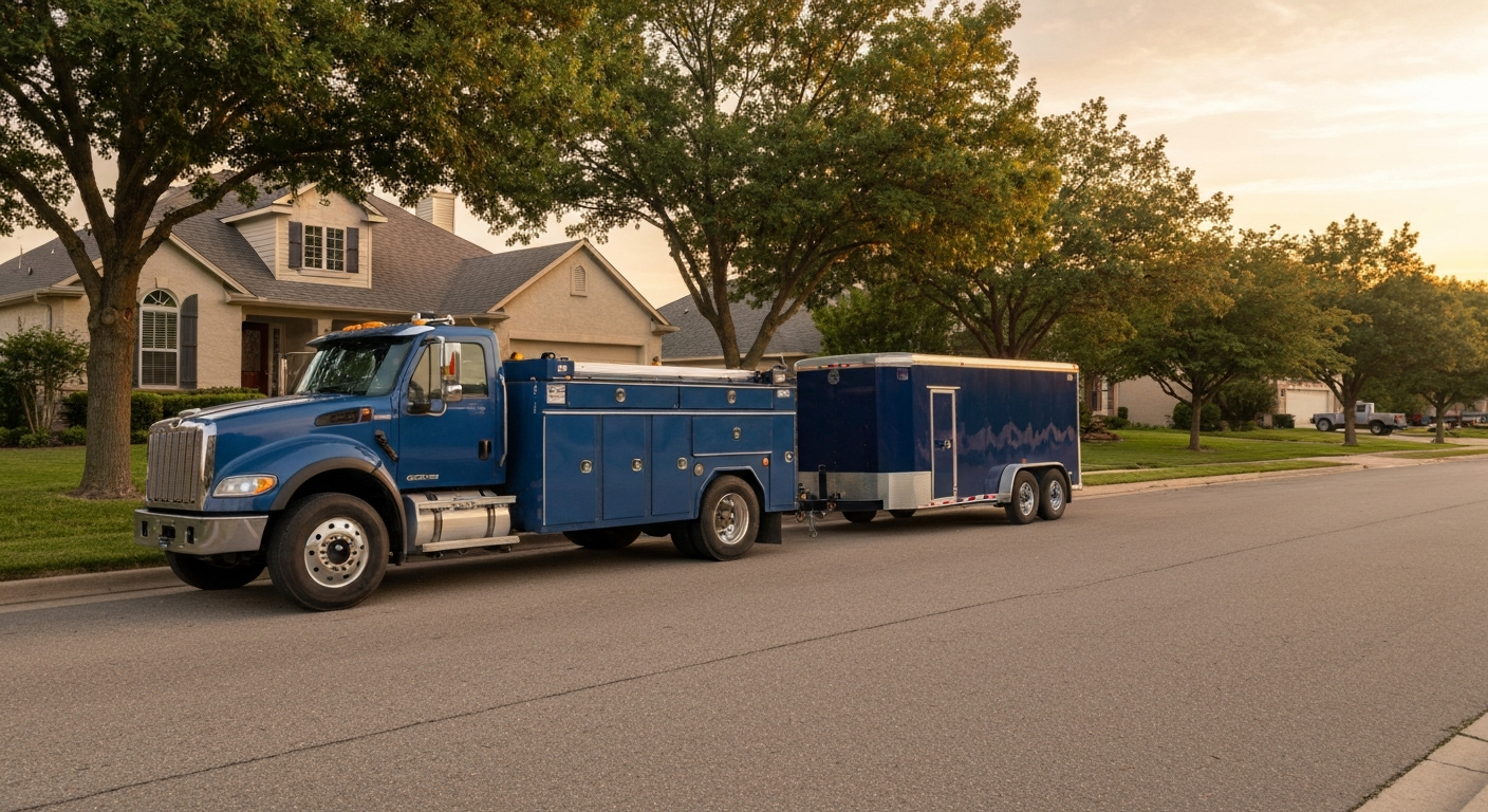 Service truck and utility trailer parked in front of a suburban home