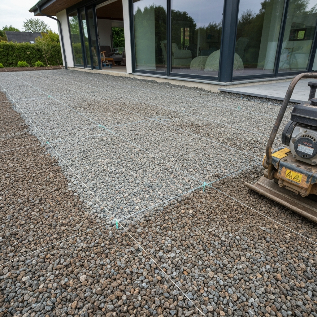 A gravel base for a patio being compacted with a plate compactor, string lines showing slope away from the house