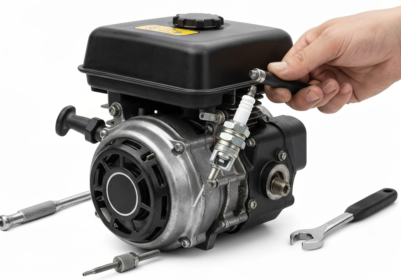 A spark plug and recoil starter being inspected on a small two-cycle engine