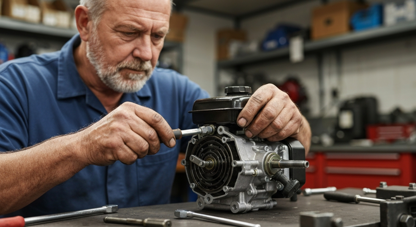 Recoil starter assembly being repaired on a small engine