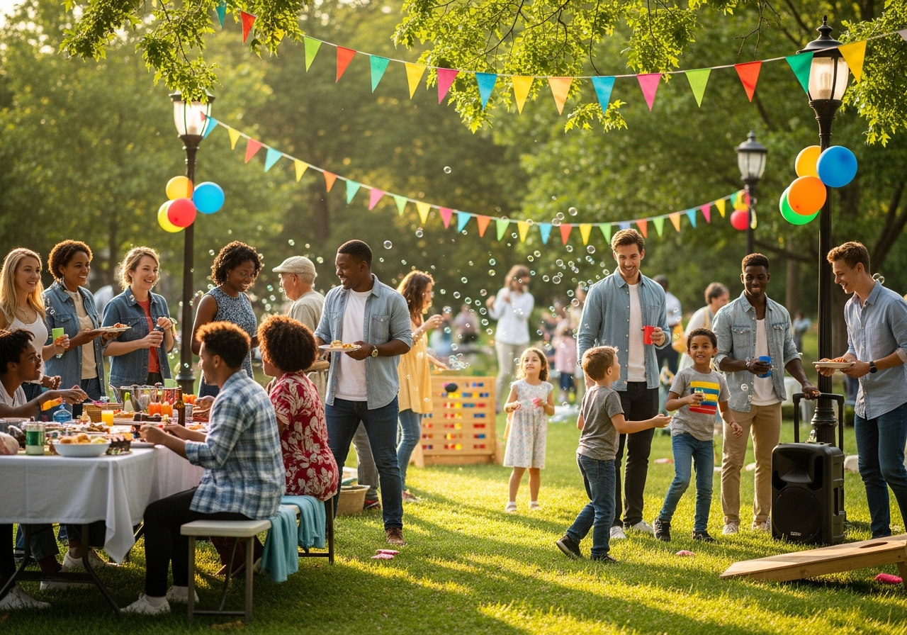 Diverse group of neighbors gathering at a block party