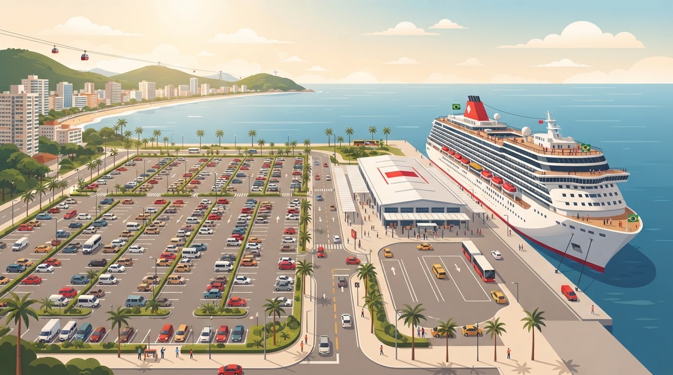 Vista aérea de estacionamento próximo ao terminal de cruzeiros de Santos com navio atracado