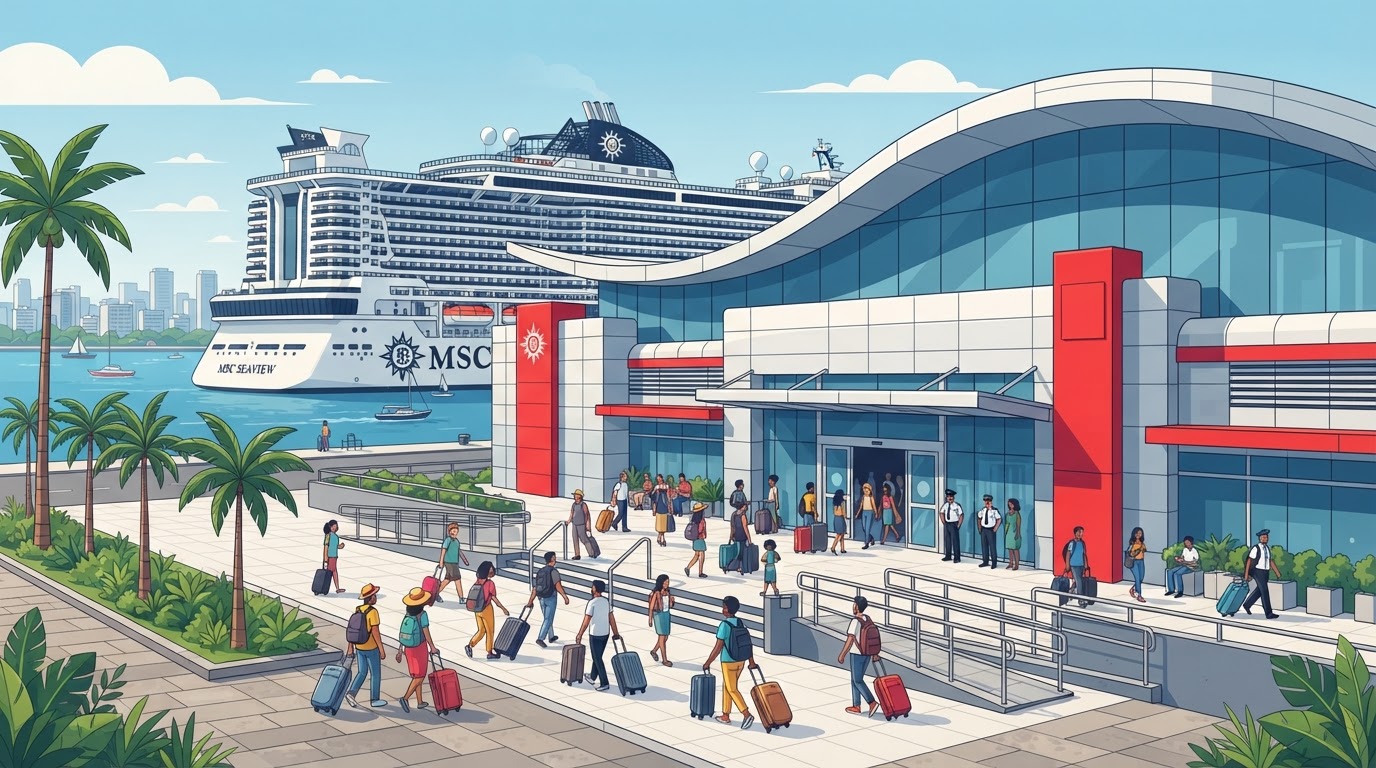 Fachada do Concais, terminal de cruzeiros de Santos, com passageiros e malas