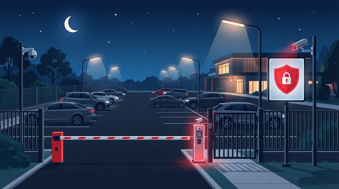 Estacionamento seguro com câmeras de vigilância, portão e iluminação à noite
