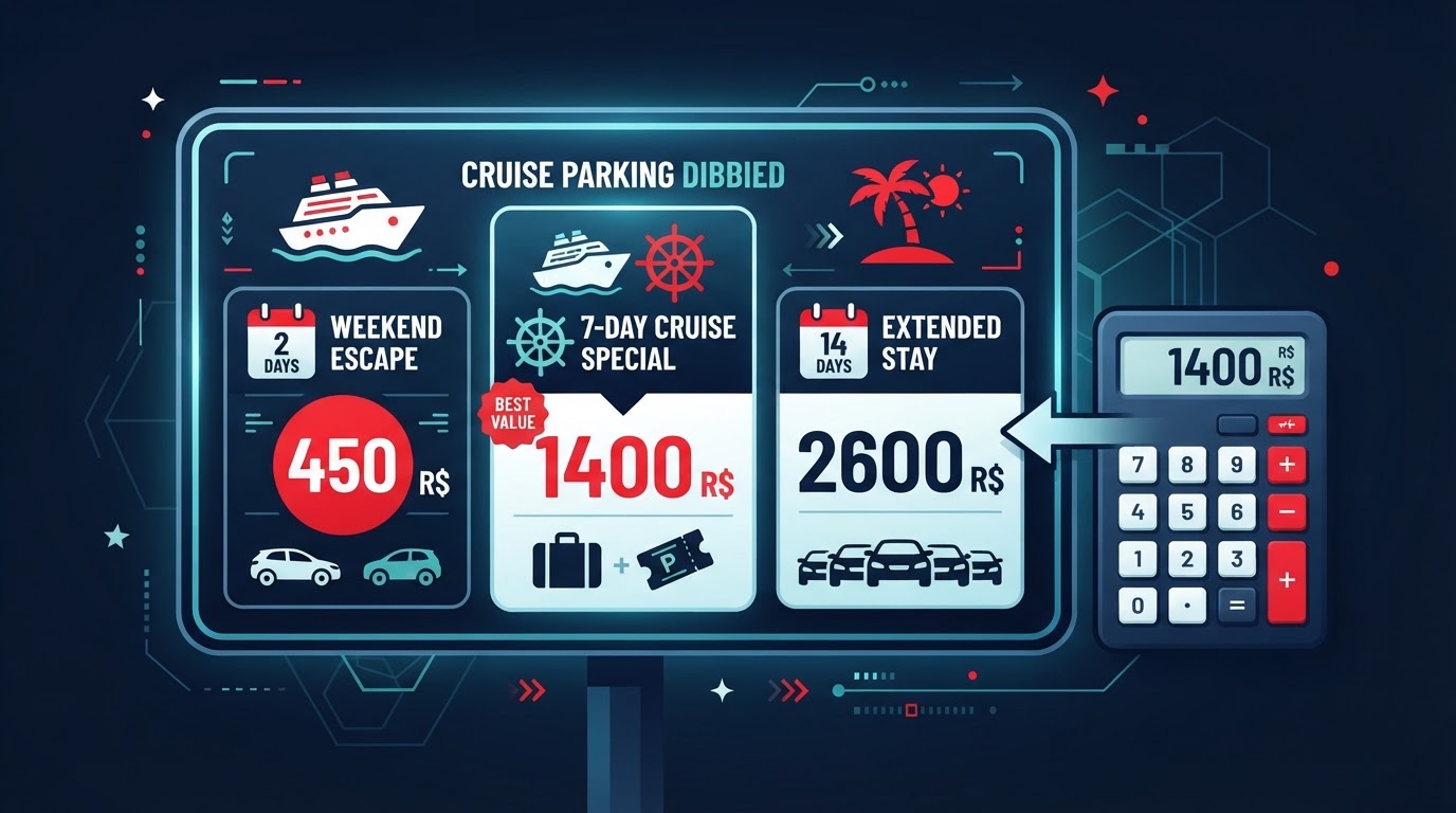 Estacionamento com painel de preços e pacotes promocionais para cruzeiros