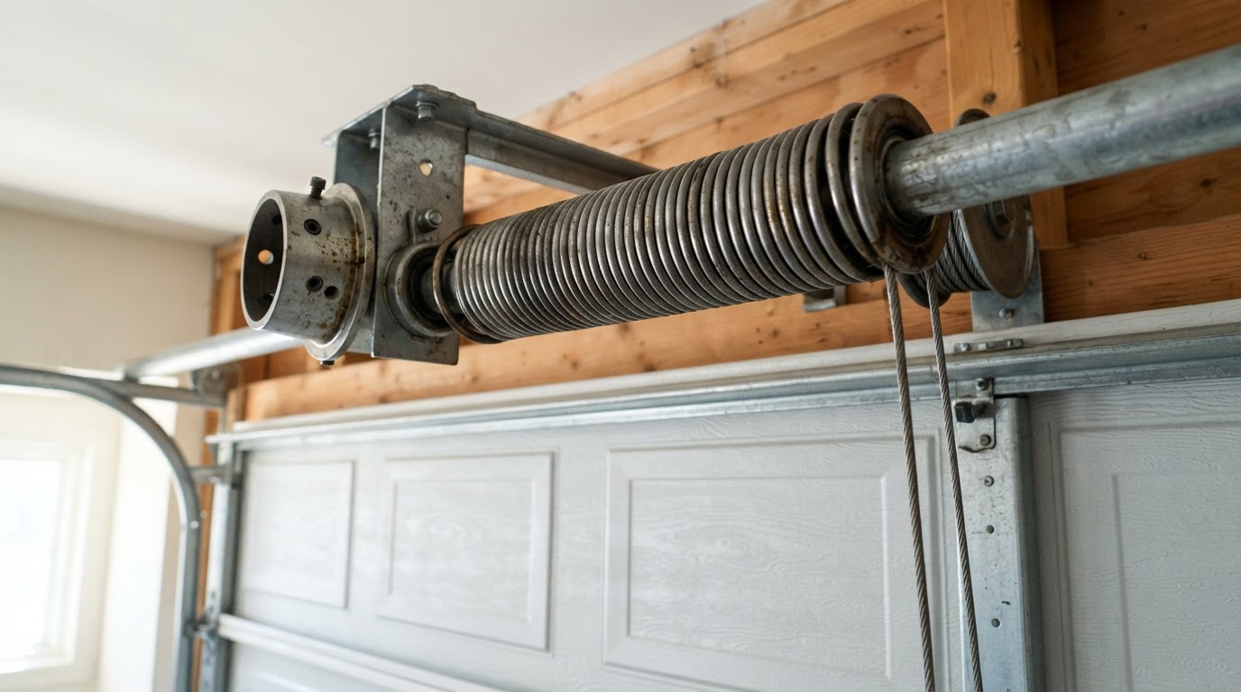 Torsion spring above a residential garage door — standard vs. high-cycle springs