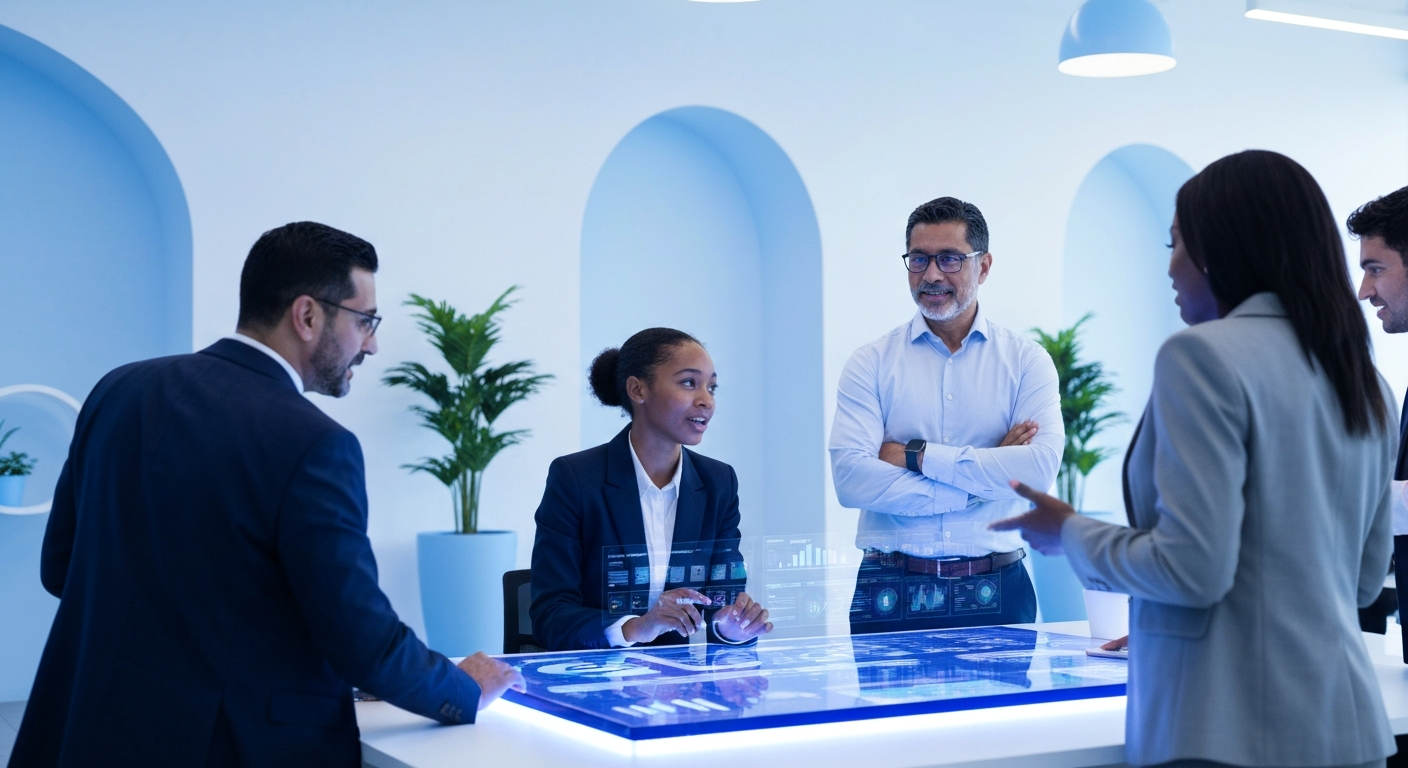Professionals collaborating on AI dashboard
