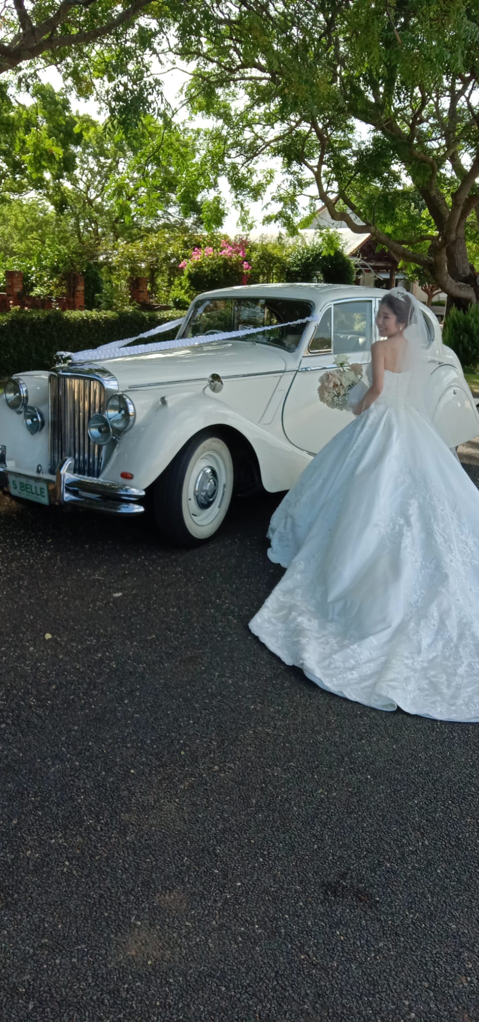 Wedding party posing with stretch limousine