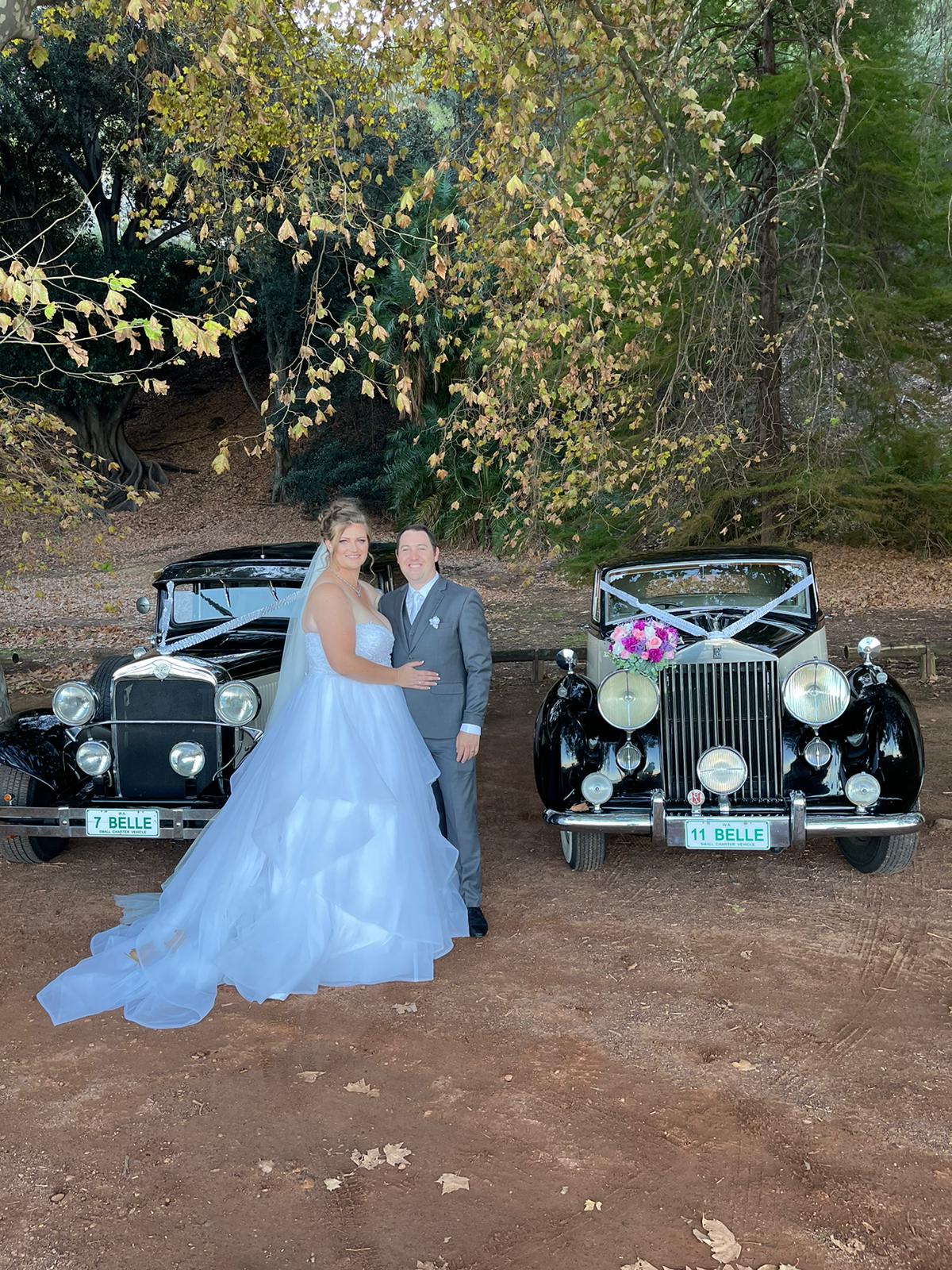 Happy couple celebrating their wedding day with our limousine