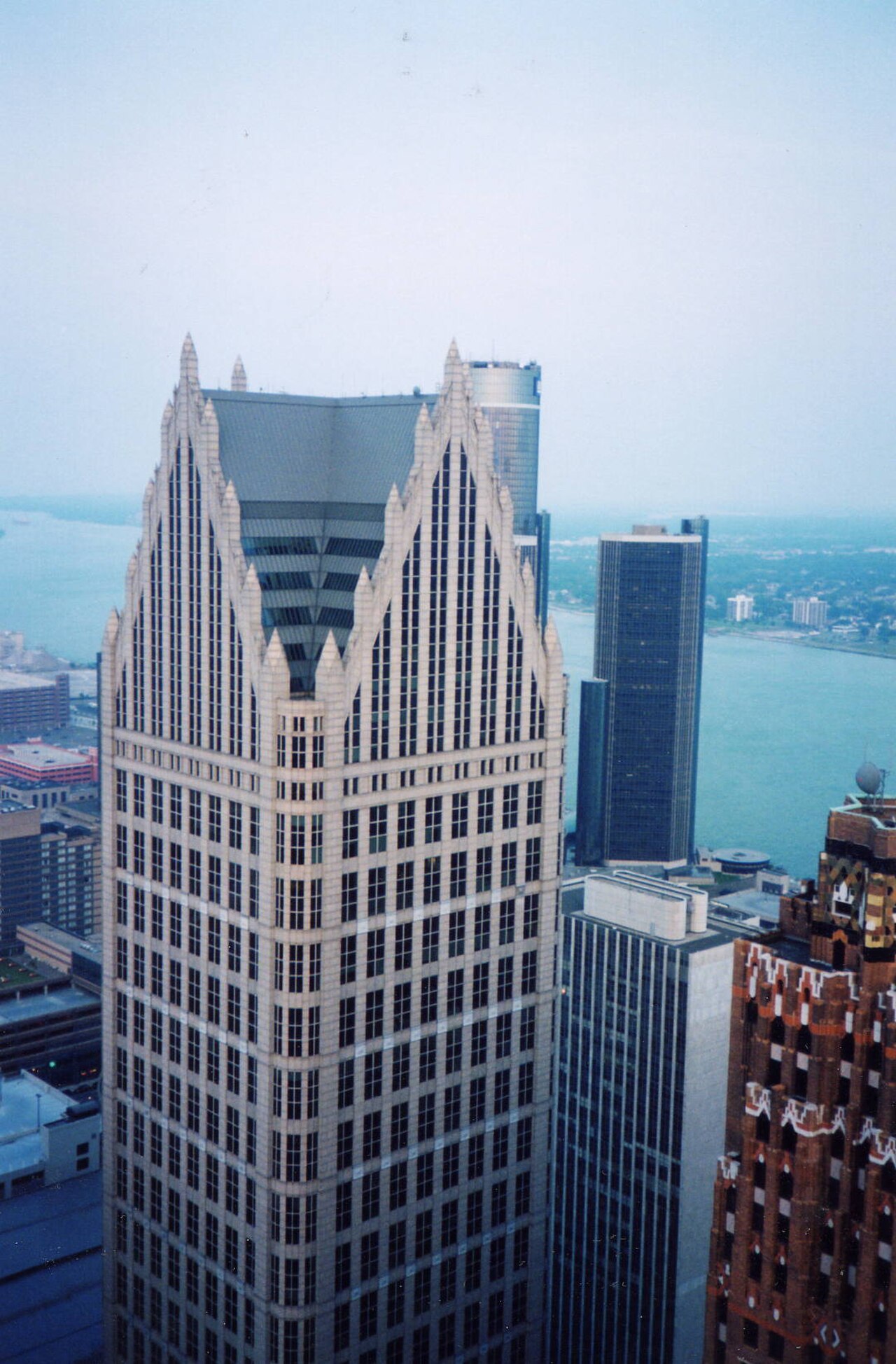 One Detroit Center post-modern neogothic skyscraper in the Detroit skyline