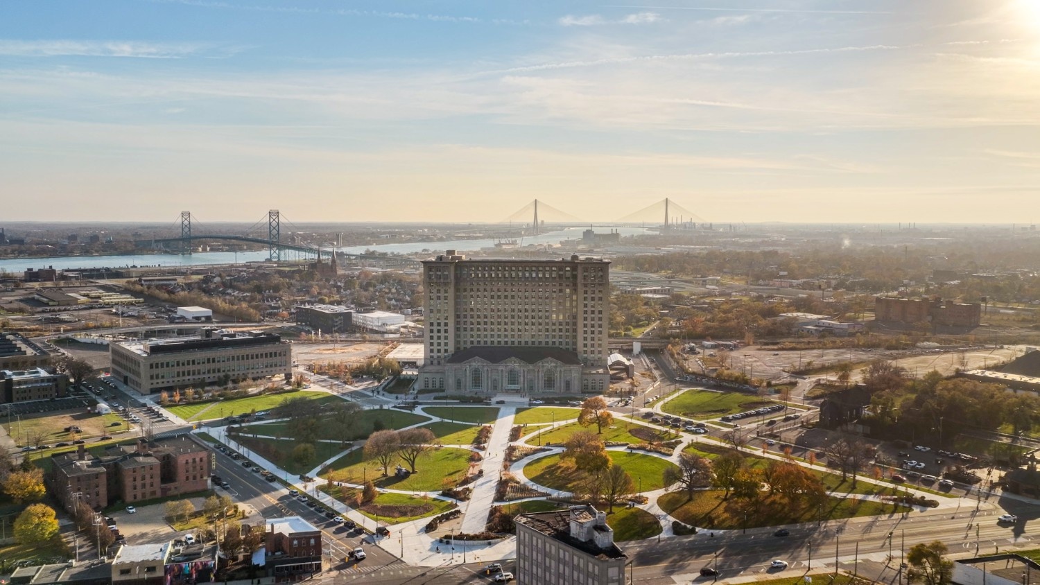Michigan Central innovation district aerial view in Corktown Detroit