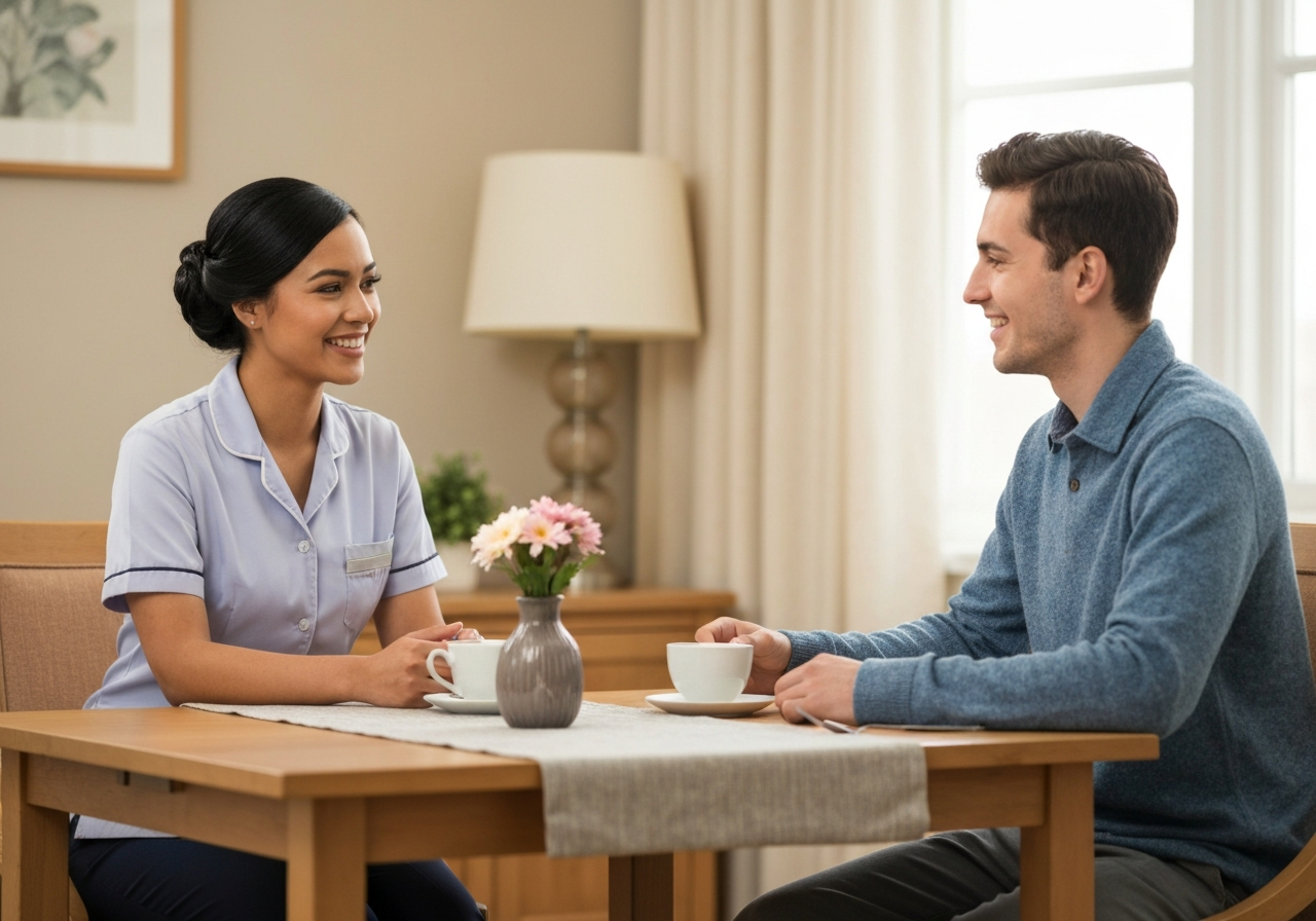 A staff member and resident chatting happily at a dining table