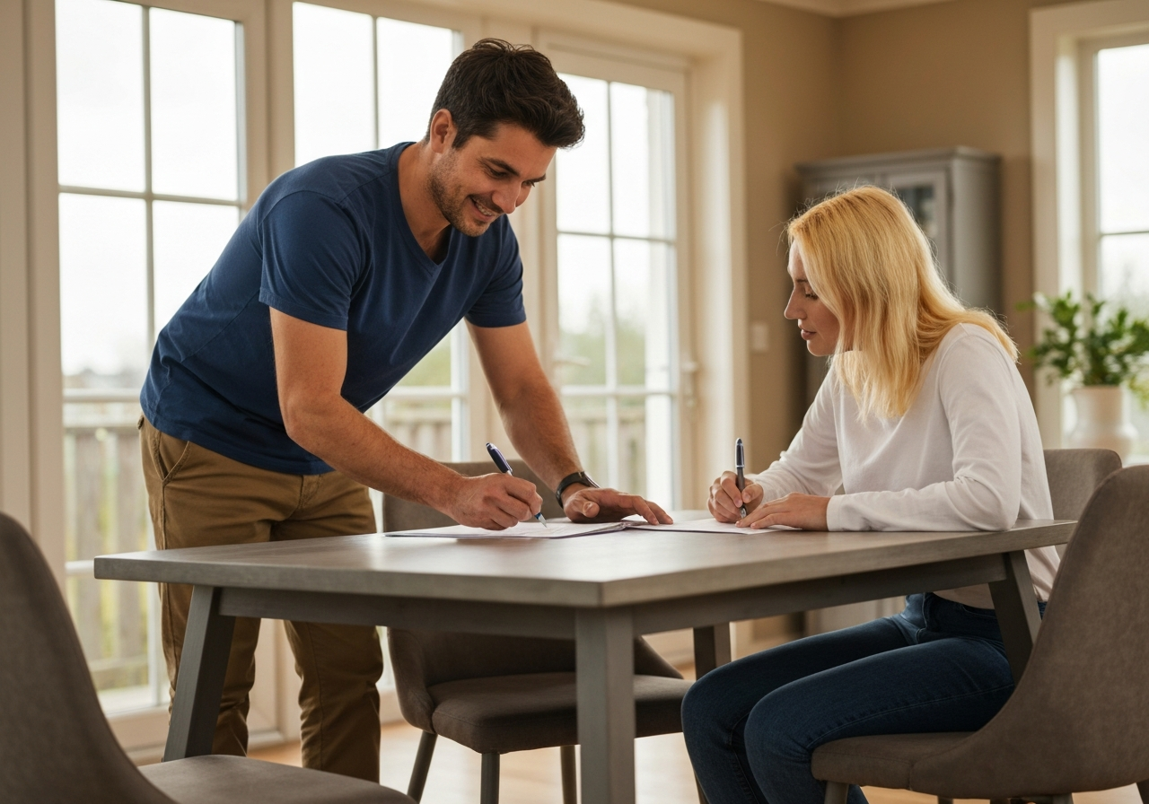A support worker in casual clothes assisting a resident with paperwork at a dining table