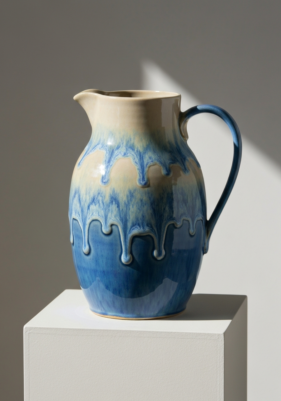 Blue and cream drip glaze pitcher