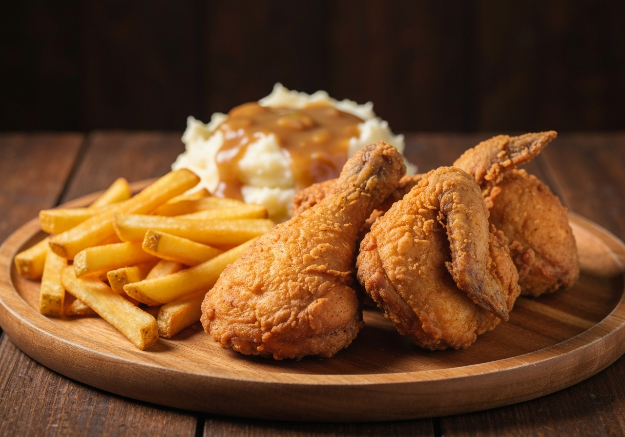 Crispy Jamaican fried chicken with sides