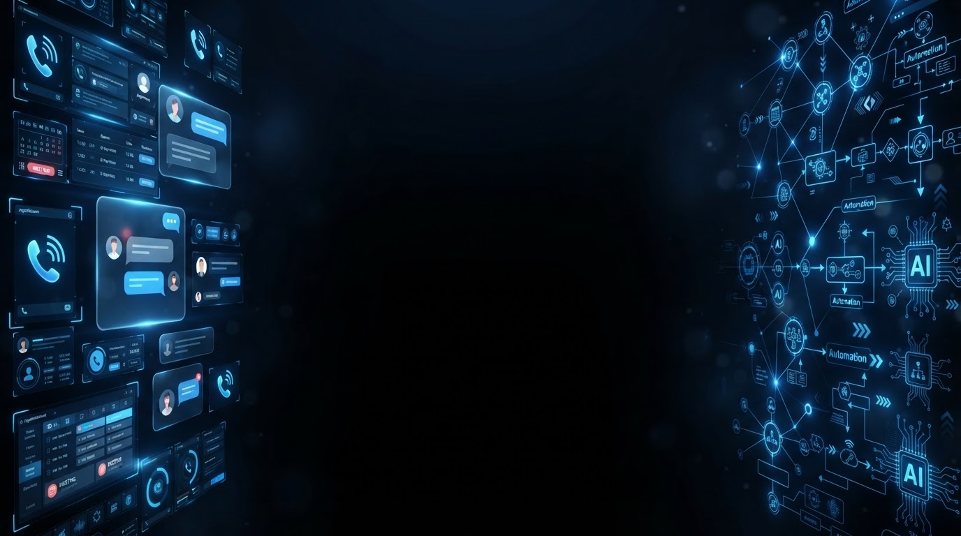 AI business automation dashboard with phone calls, chat, appointments, and workflow automation